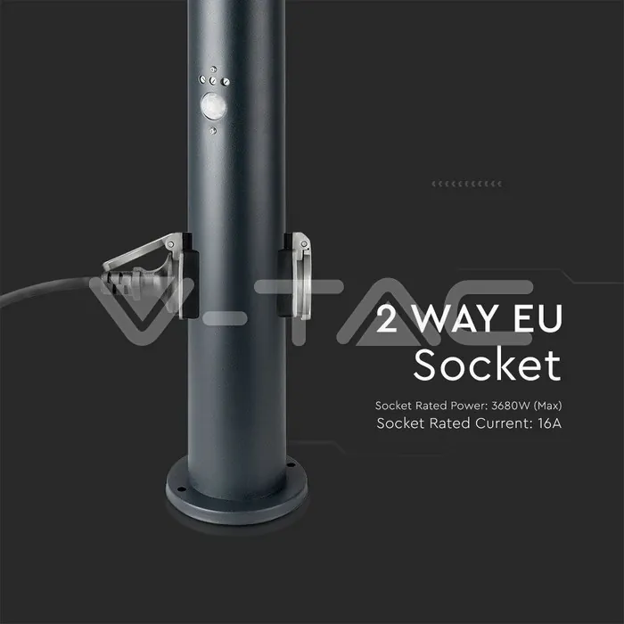 V-TAC VT-8976 Е27 Градинска Лампа 60cm PIR Сензор + 2 Контакта Неръждавейка Сив IP44