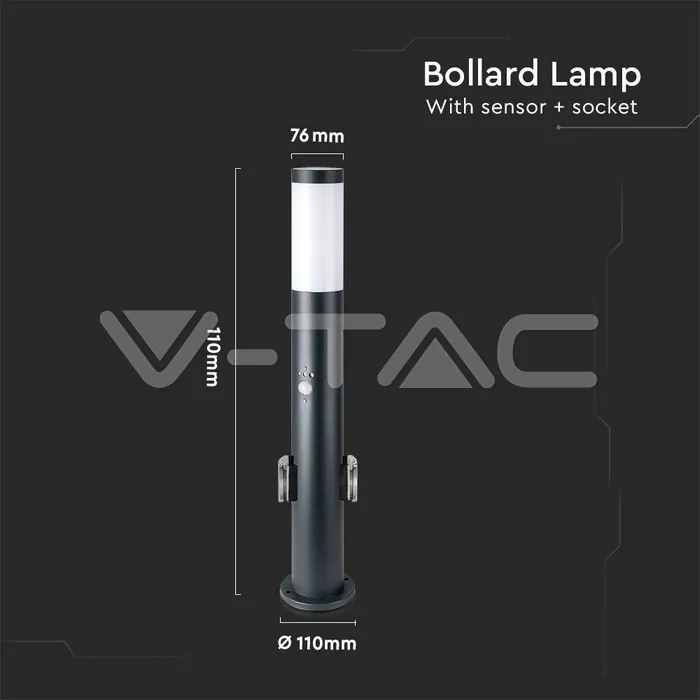 V-TAC VT-8976 Е27 Градинска Лампа 60cm PIR Сензор + 2 Контакта Неръждавейка Сив IP44