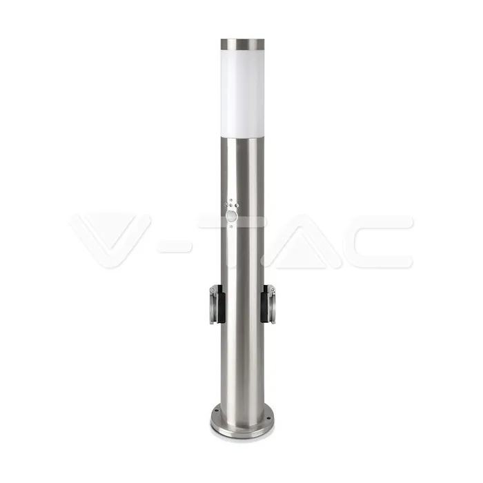 V-TAC VT-8977 Е27 Градинска Лампа 60cm PIR Сензор + 2 Контакта Неръждавейка Сатен Никел IP44