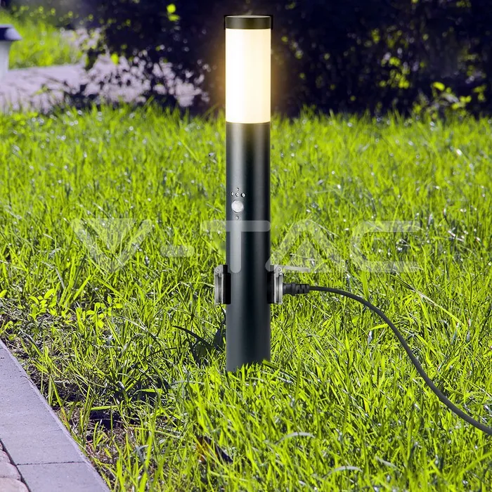 V-TAC VT-8979 Е27 Градинска Лампа 60cm PIR Сензор + 2 Контакта Неръждавейка Черен IP44