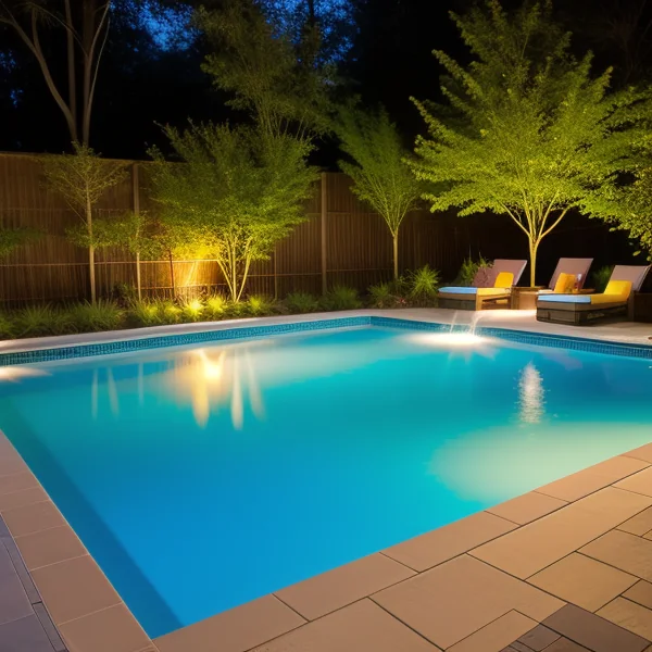 Игра на цветовете и отразяването във водата с осветление на басейн