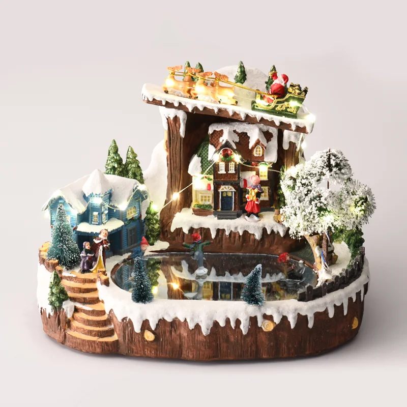 ACA Lighting X0309 LED топла светлина декор мултицветно селище + въртящи се кънкьори + музика 4.5V (адаптер)   3AA (бат.) 32×23×24см