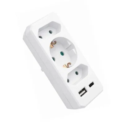 Vito 8002940 GROUP SOCKETS WITH PLUG COMBI 16A 250V USB-A 2.4A USB-C 3A WHITE EARTH SHUTTER